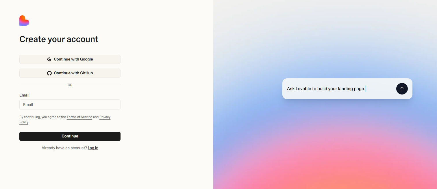 A screenshot of the Lovable AI dashboard, showing features for AI app creators and the user account login area.